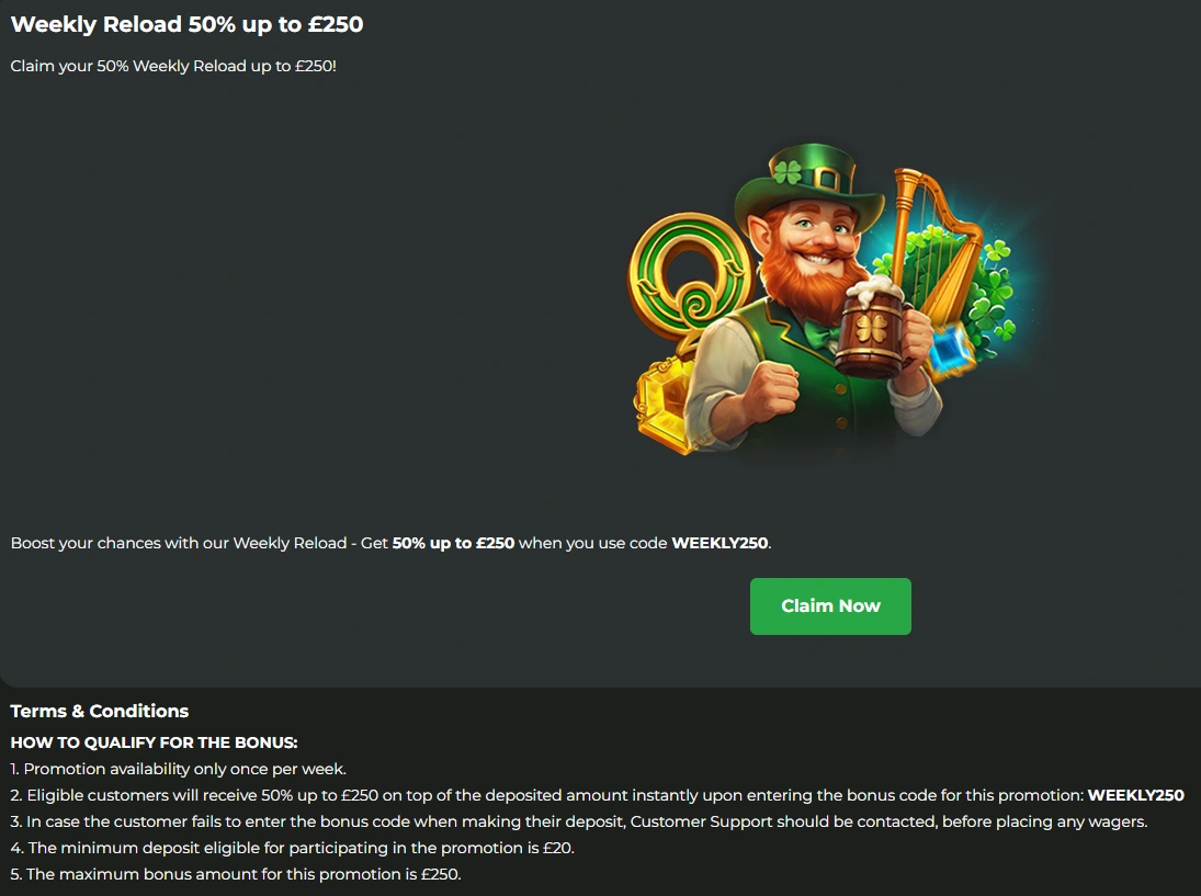 CleanWins weekly reload bonus with 50% up to £250