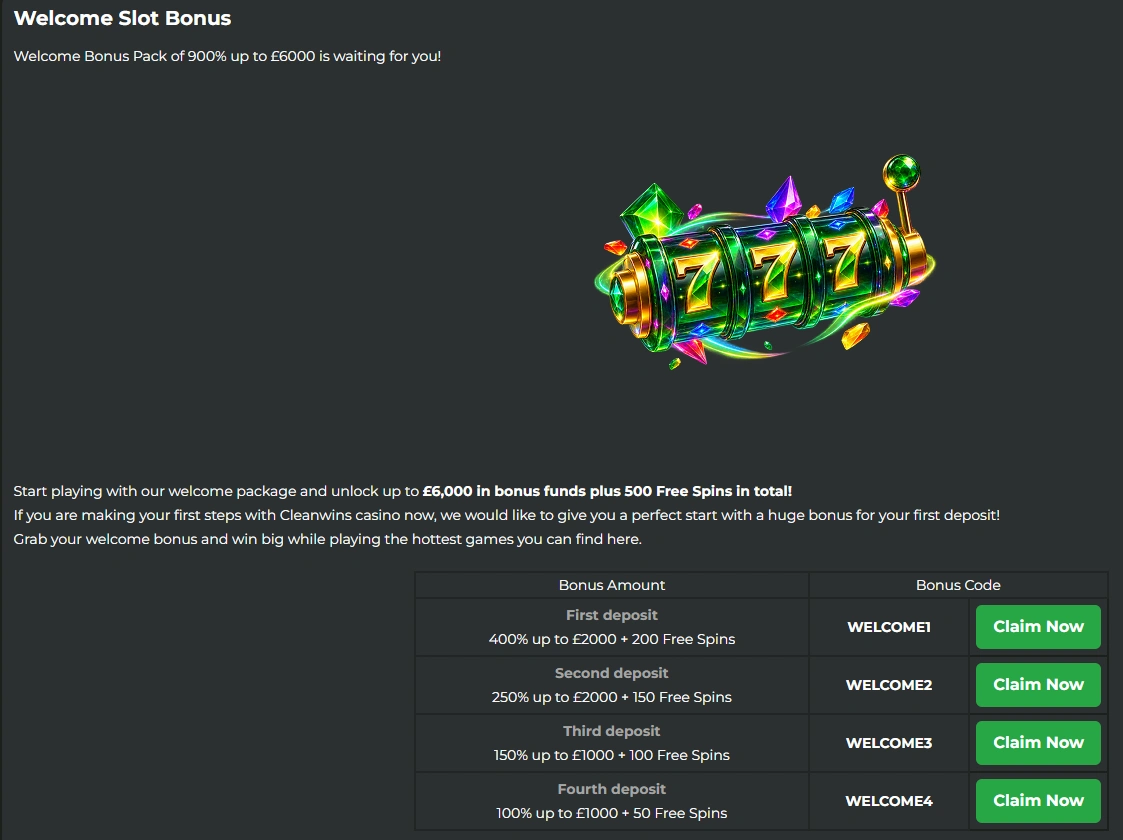 CleanWins welcome bonus with up to £2,000 in bonus funds and free spins