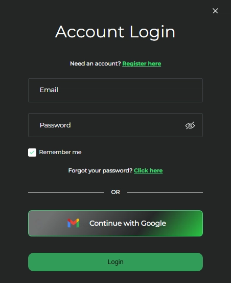 CleanWins casino account login form with email and password fields