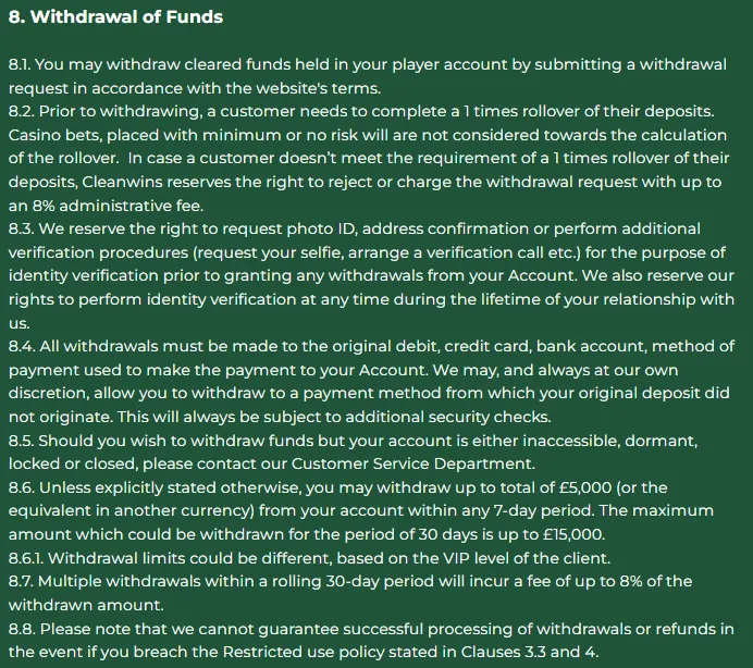 CleanWins withdrawal terms with payout limits, verification and withdrawal conditions